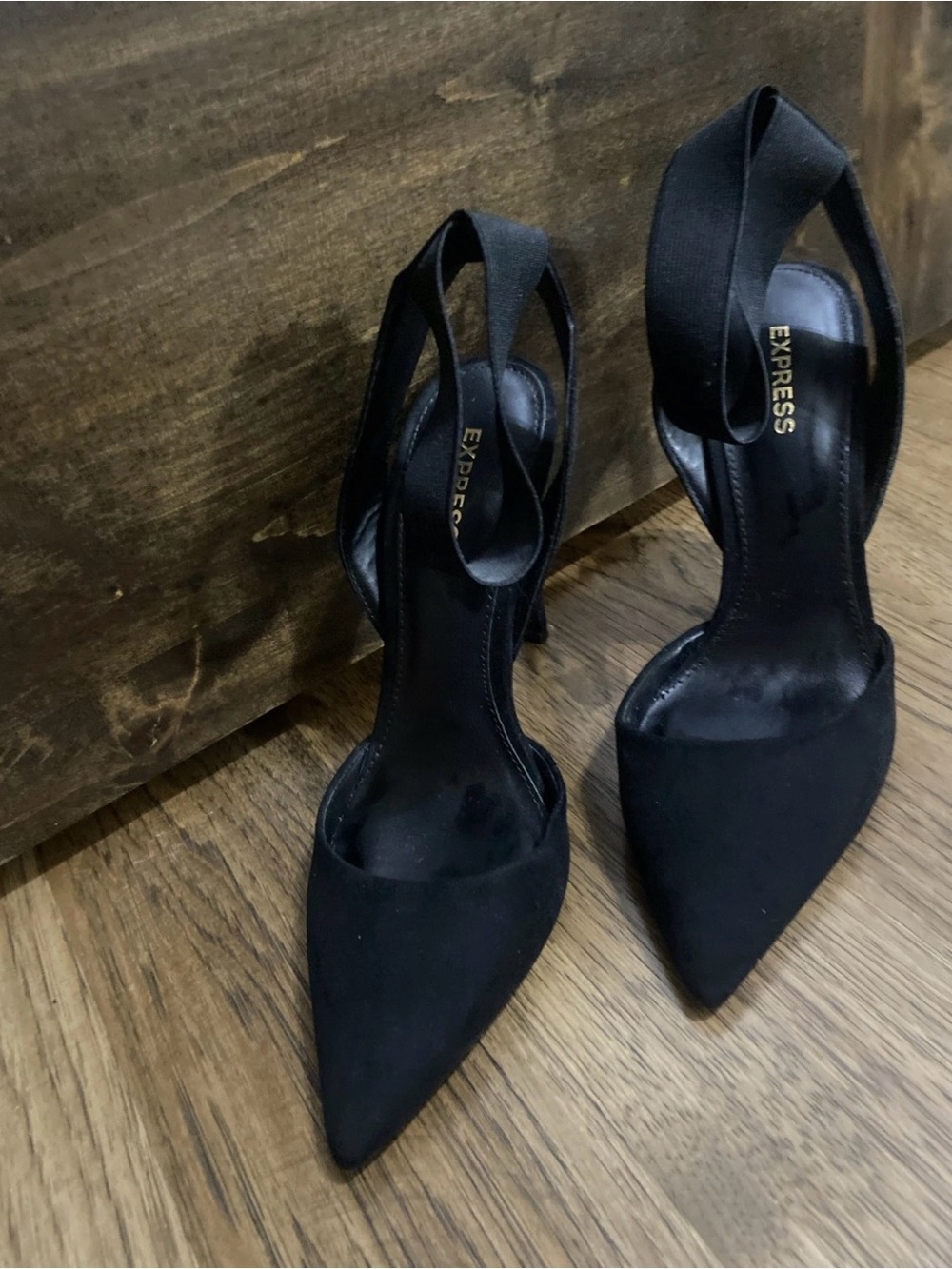 Express Black Pointed Toe Heels with Elastic Strap Size 7 EUC